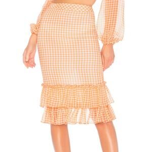 LPA Orange Gingham Ruffled High Waist Back Slit Skirt New